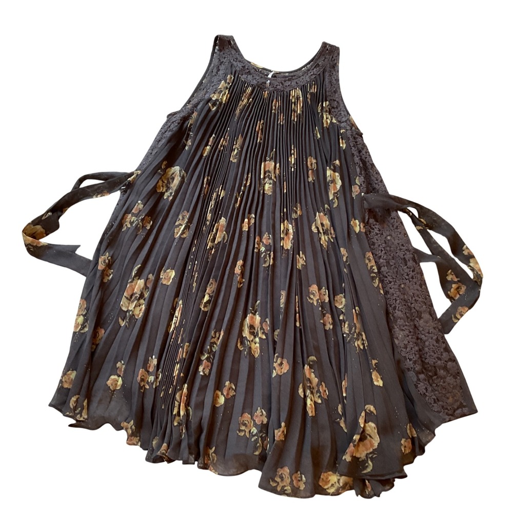 Free People Floral Pleated Lace Trim Sleeveless Mini Dress Charcoal Grey Medium - Picture 1 of 15